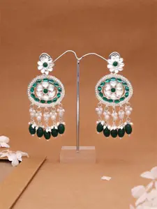 Anouk Silver-Plated Artificial Stones Studded And Beaded Circular Shaped Drop Earrings
