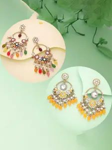 Anouk Set Of 2 Gold Plated Stones Studded and Beaded Contemporary Drop Earrings