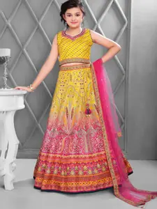 BAESD Girls Printed Embellished Mirror Work Ready to Wear Lehenga & Blouse With Dupatta