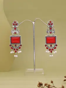Anouk Silver-Plated Artificial Stones Studded and Beaded Contemporary Drop Earrings