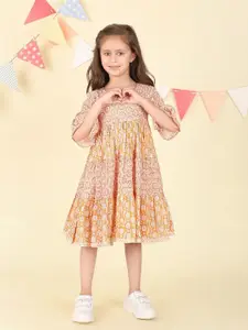 Fabindia Girls Floral Printed Bell Sleeve Fit & Flare Dress