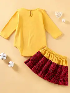 YK Girls Printed Round Neck Bodysuit & Skirt Clothing Set
