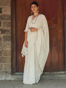 Chidiyaa Safed Winter Almond Ivory Block Printed Saree