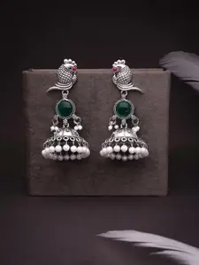 Anouk Silver Plated Stones Studded & Beaded Oxidised Peacock Shaped Jhumkas