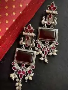 Anouk Silver Plated Stones Studded & Beaded Oxidised Peacock Shaped Drop Earrings