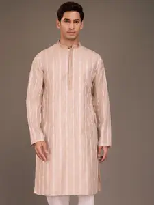 House of Pataudi Ethnic Motifs Woven Design Kantha Work Mandarin Collar Jacquard Kurta