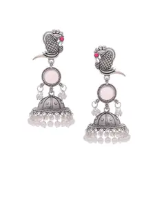 Anouk Silver-Plated Artificial Stones Studded And Beaded Oxidised Dome Shaped Jhumkas