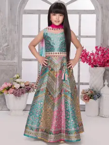 BAESD Girls Printed Mirror Work Ready to Wear Lehenga & Blouse With Dupatta