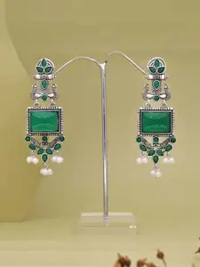 Anouk Silver-Plated Artificial Stones Studded & Beads Beaded Square Oxidised Drop Earrings