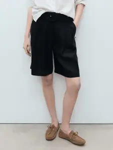 MANGO Women Pleated Mid-Rise Pure Linen Relaxed Fit Bermuda Shorts with Belt