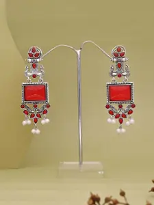 Anouk Silver Plated Stones Studded & Beaded Oxidised Peacock Shaped Drop Earrings
