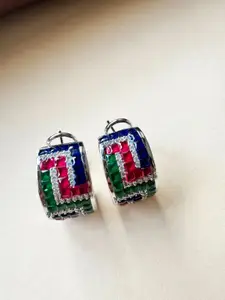 The Jewellery Tale Stainless Steel Silver-Plated Stones Studded Contemporary Hoop Earrings