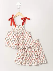 Sangria Girls Floral Printed Pure Cotton Top With Skirt