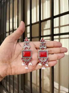 Anouk Silver Plated Stones Studded & Beaded Oxidised Peacock Shaped Drop Earrings