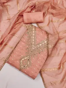 KALINI Peach Chanderi Butti Silk Embroiderd & Coding Work Unstitched Dress Material