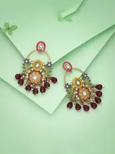 Anouk Gold-Plated Artificial Stones Studded & Beaded Floral Shaped Drop Earrings