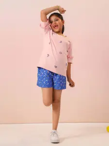 Sangria Girls Floral Printed Pure Cotton T-shirt With Shorts