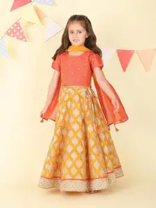 Fabindia Girls Printed Mirror Work Ready to Wear Lehenga & Blouse With Dupatta