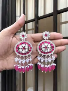 Anouk Silver-Plated Artificial Stones Studded And Beaded Contemporary Drop Earrings