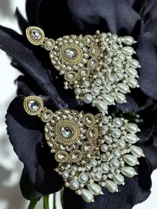 Anouk Gold-Plated Artificial Stones Studded & Beaded Floral Shaped Drop Earrings