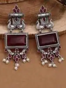 Anouk Silver Plated Artificial Studded and Beaded Oxidised Square Shaped Drop Earrings