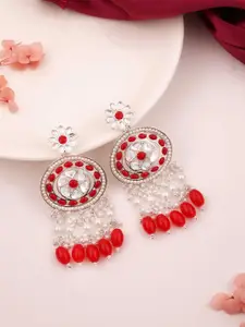 Anouk Silver-Plated Artificial Stones Studded & Beads Beaded Geometric Drop Earrings