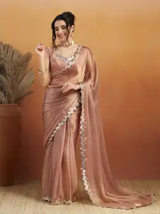 RACHNA Women Solid Mirror Work Poly Chiffon Ready to Wear Saree