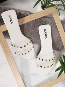 CORSICA Women Solid Leather Casual Open Toe Flats with Western - Embellished