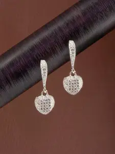 PRIVIU Silver-Plated American Diamond Studded Heart Shaped Drop Earrings