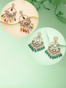 Anouk Set Of 2 Gold-Plated Artificial Stones Studded & Beaded Floral Shaped Drop Earrings