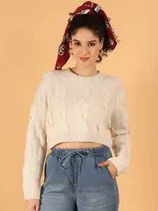 NoBarr Cable Knit Round Neck Crop Pullover