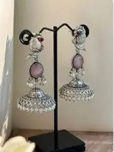 Anouk Silver-Plated Artificial Stones Studded and Beaded Oxidised Dome Shaped Jhumkas