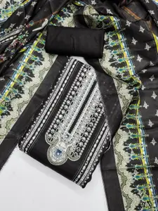 KALINI Black France Silk Digital Print Mirror & Diamond Work Unstitched Dress Material