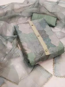 KALINI Green Organza Position Print With Sequence Work Unstitched Dress Material