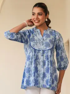 Janasya Women Blue Pure Cotton Floral Printed A-line Top