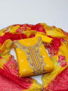 KALINI Yellow Chanderi Cotton Digital Print With Coding Work Unstitched Dress Material