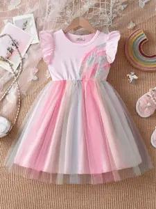 INCLUD Girls Striped Flutter Sleeve Fit & Flare Dress