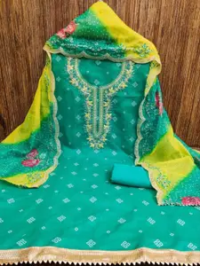 KALINI Teal Chanderi Cotton Digital Print With Coding Work Unstitched Dress Material