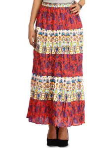 Exotic India Red and White Long Printed Skirt with Paisleys