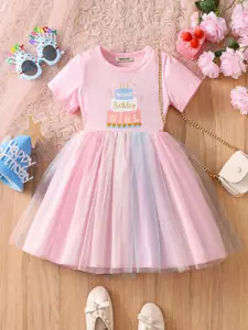 INCLUD Girls Graphic Printed Round Neck Fit & Flare Dress