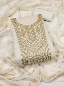 KALINI White Chanderi Silk Butti With Embroiderd Work Unstitched Dress Material