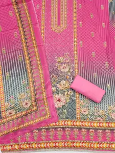 KALINI Pink France Silk Digital Print Mirror & Diamond Work Unstitched Dress Material