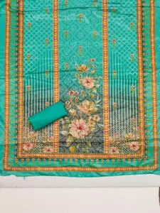 KALINI Teal France Silk Digital Print Mirror & Diamond Work Unstitched Dress Material