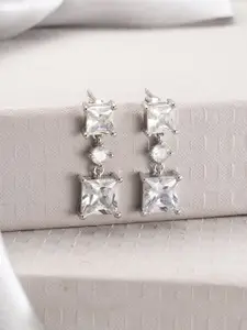 Jazz and Sizzle Silver Plated Crystals Studded Square Shaped Drop Earrings