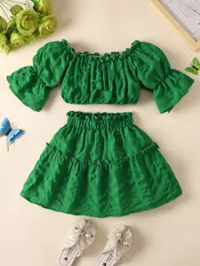 INCLUD Girls Solid Puff Sleeves Crop Top with Skirt