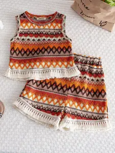 INCLUD Girls Geometric Self Design Knit Sweater With Shorts