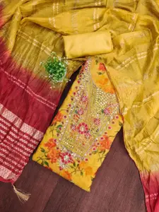 KALINI Yellow Simmer Silk Digital Print Coding With Sequence Work Unstitched Dress Material