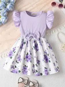 INCLUD Girls Floral Printed Flared Sleeves Bow Detail Fit & Flare Dress