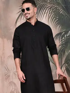 Sangria Geometric Woven Design Mandarin Collar Cotton Straight Kurta