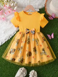 INCLUD Girl's Graphic Printed Flutter Sleeve Fit & Flare Above Knee Dress